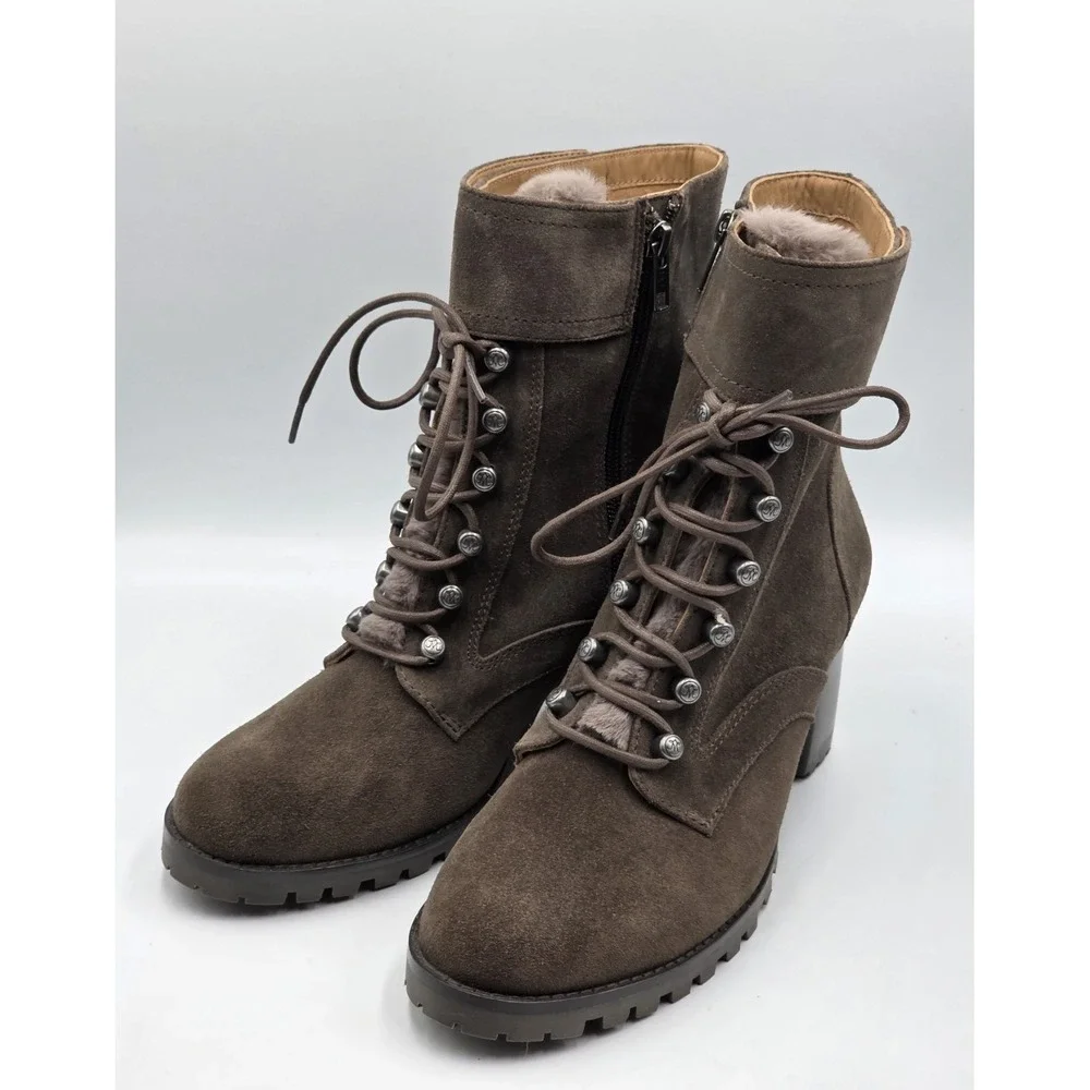 Johnston Murphy Suede Fur Lined‎ Lace Up Block Heel Ankle Boots Women's 8.5M